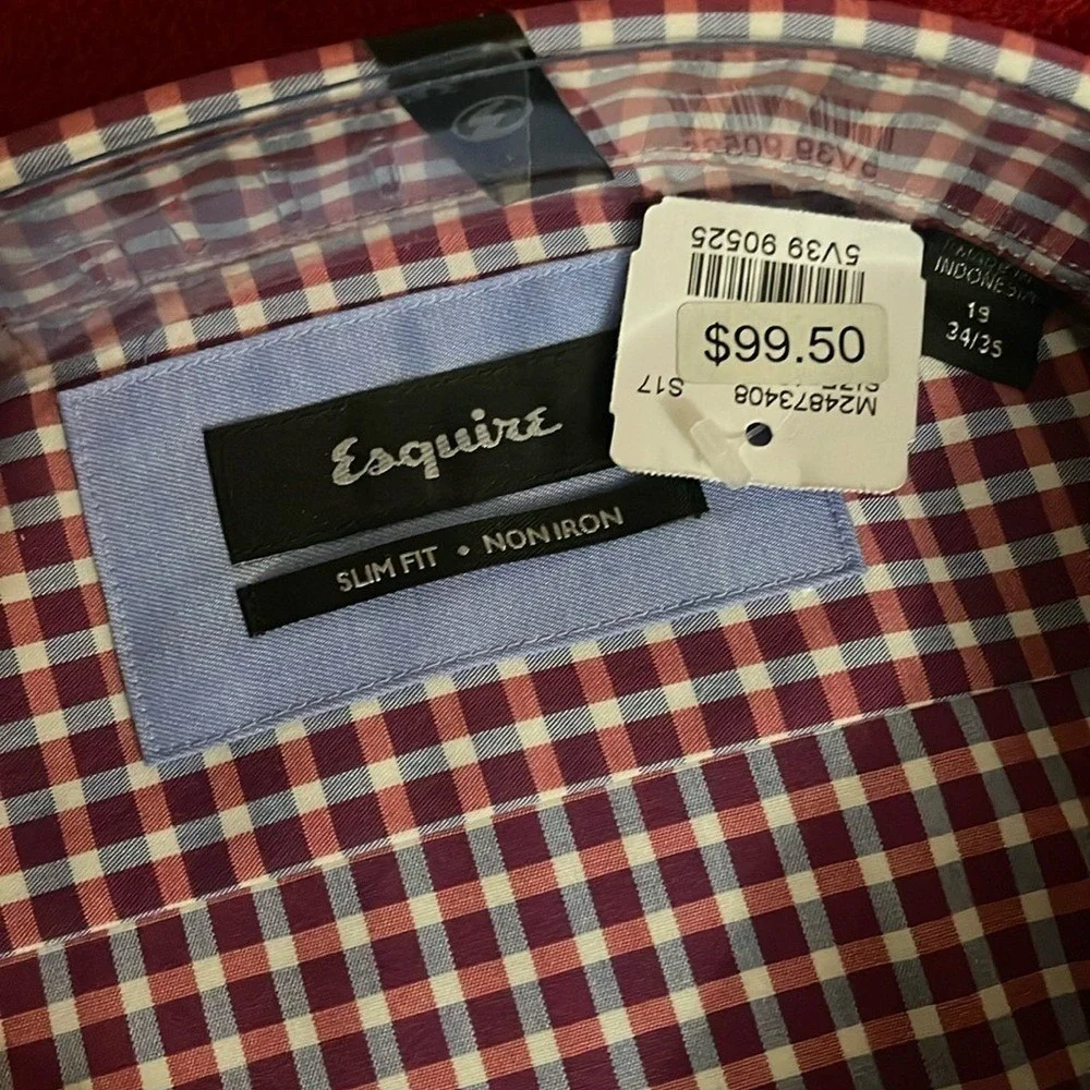 Esquire Slim Fit Non Iron Dress Shirt‎ Mens 19 34/35 Red Blue Gingham Checkered